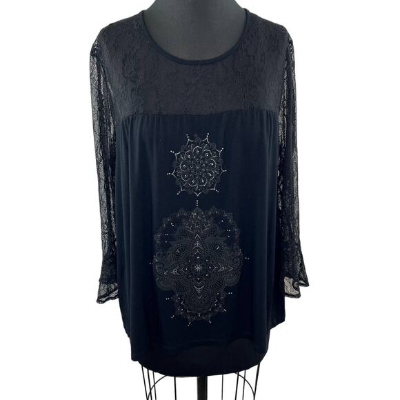 DESIGUAL Alegra Black Sheer Lace Rhinestone 3/4 Sleeve Boho Blouse Plus XXL - Picture 1 of 8